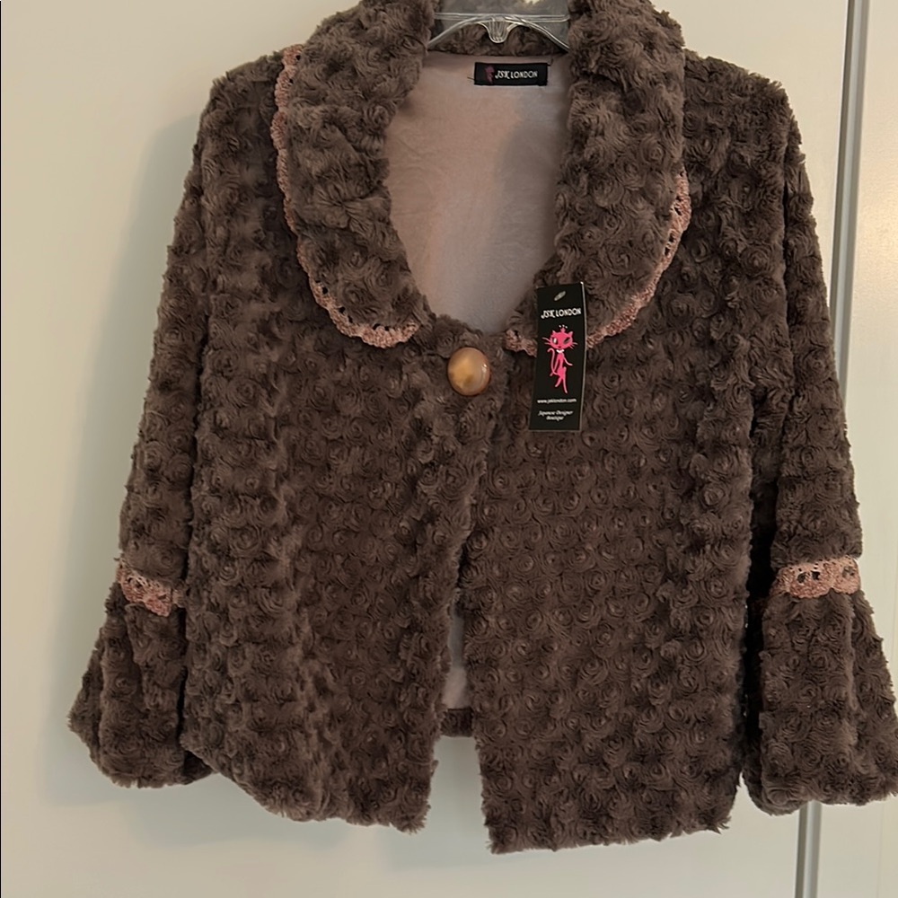 Textured Faux Fur Jacket with Lace Detail